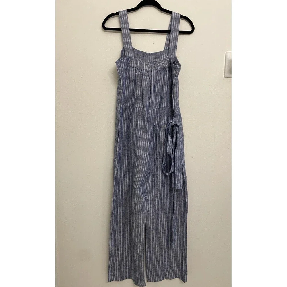 NWT Quince 100% European Linen Square Neck Jumpsuit Sz S Blue Chambray Stripe